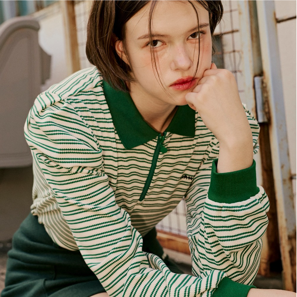 Kandini Women Striped Puff Sleeve Zip-up Polo Shirt Long Sleeve