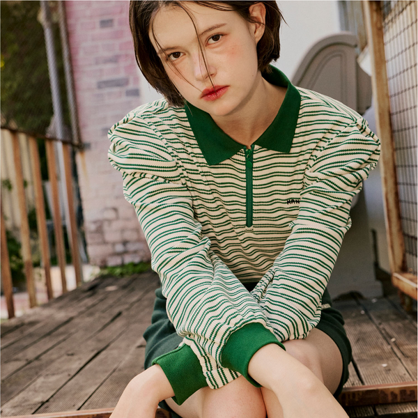 Kandini Women Striped Puff Sleeve Zip-up Polo Shirt Long Sleeve