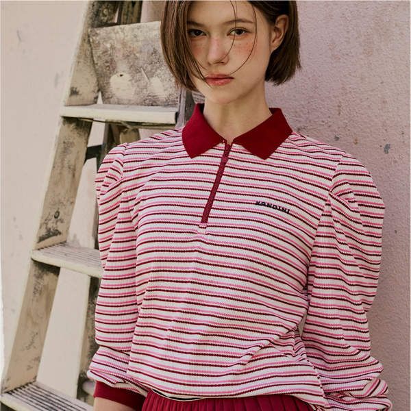 Kandini Women Striped Puff Sleeve Zip-up Polo Shirt Long Sleeve
