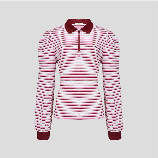Kandini Women Striped Puff Sleeve Zip-up Polo Shirt Long Sleeve