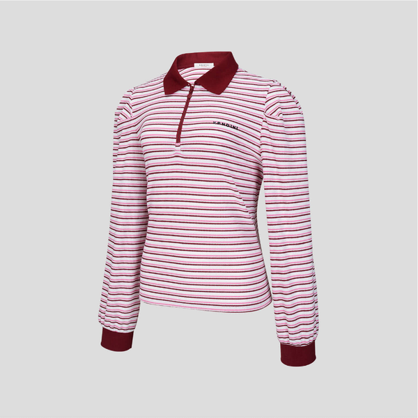 Kandini Women Striped Puff Sleeve Zip-up Polo Shirt Long Sleeve