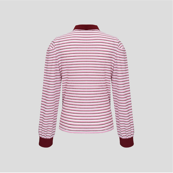 Kandini Women Striped Puff Sleeve Zip-up Polo Shirt Long Sleeve