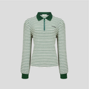 Kandini Women Striped Puff Sleeve Zip-up Polo Shirt Long Sleeve