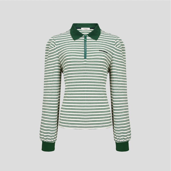 Kandini Women Striped Puff Sleeve Zip-up Polo Shirt Long Sleeve