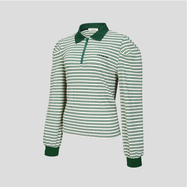 Kandini Women Striped Puff Sleeve Zip-up Polo Shirt Long Sleeve