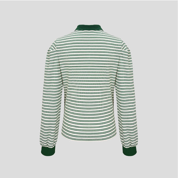 Kandini Women Striped Puff Sleeve Zip-up Polo Shirt Long Sleeve