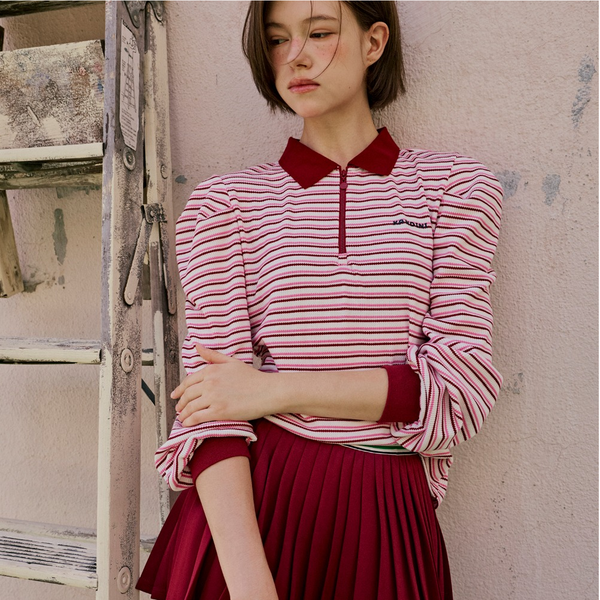 Kandini Women Striped Puff Sleeve Zip-up Polo Shirt Long Sleeve