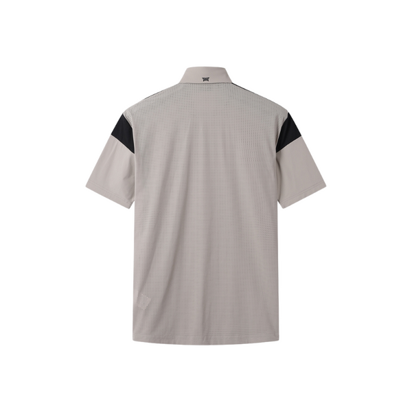 PXG KOREA MEN SUMMER COLOR BLOCKED PERFORATED COLLAR SHORT-SLEEVE