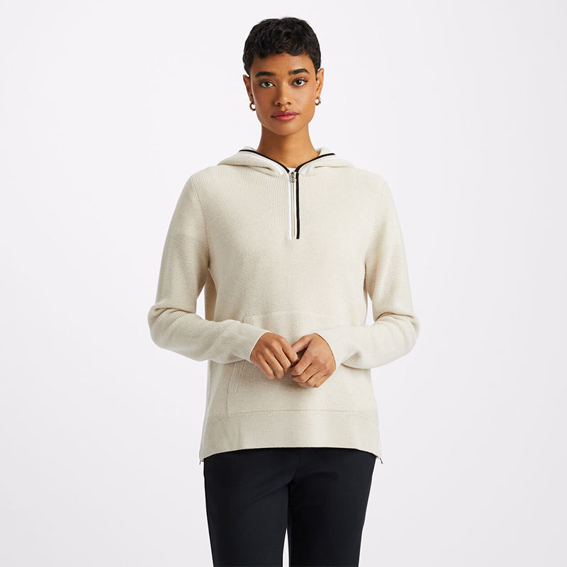 G/FORE WOMEN WAFFLE STITCH MERINO WOOL HOODED QUARTER ZIP SWEATER
