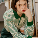 Kandini Women Striped Puff Sleeve Zip-up Polo Shirt Long Sleeve