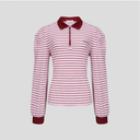 Kandini Women Striped Puff Sleeve Zip-up Polo Shirt Long Sleeve